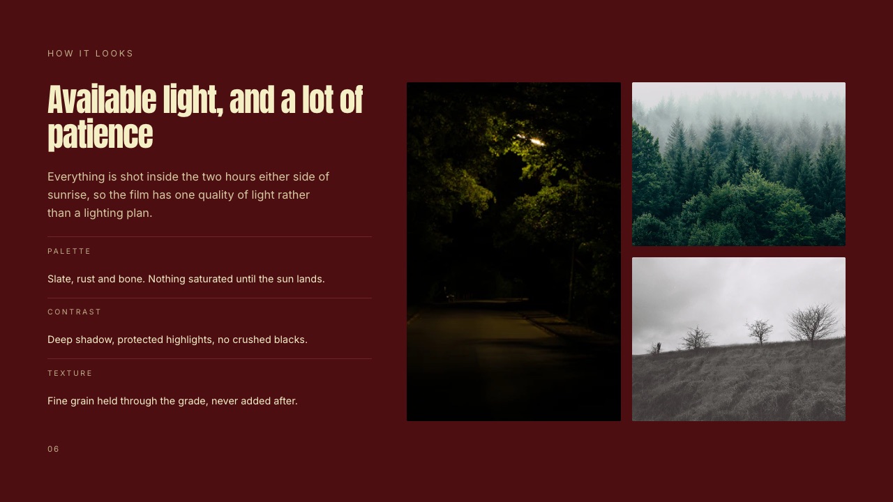 The Visual approach slide from Framekit's Director's Treatment for a Commercial template, reference frames beside a written direction