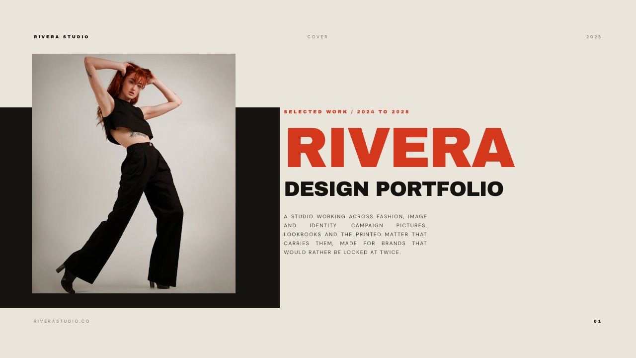 The Cover slide from Framekit's Fashion Studio Portfolio template, a full-bleed fashion image with the studio name