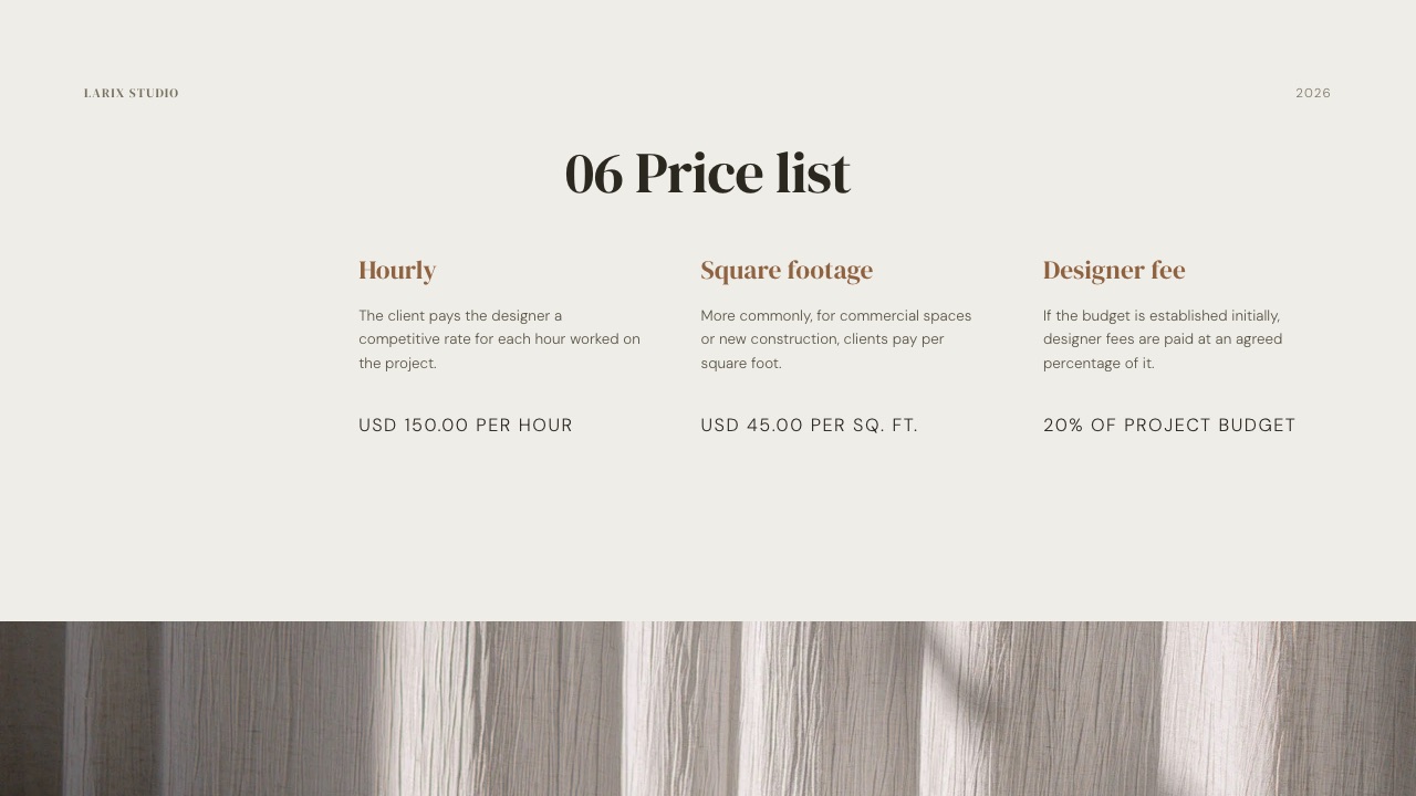 The 'Price list' slide from Framekit's Interior Design Studio Pitch template: hourly, per-square-foot and percentage-of-budget pricing in three columns, a layout that suits commercial or per-hour photography pricing