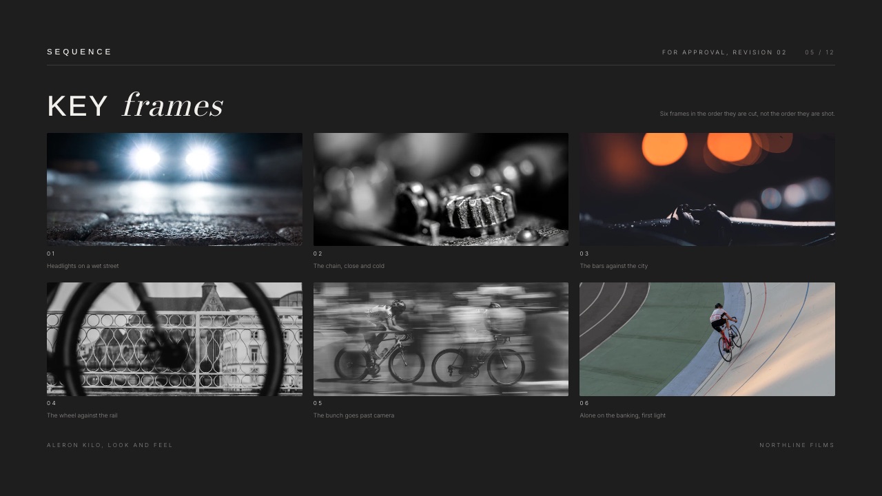 The key frames slide from a Framekit look approval deck, artwork shown in context rather than as an isolated image.