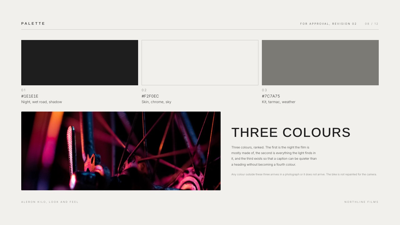 The Palette slide from Framekit's Mood Board and Look Approval for a Commercial template, colour swatches pulled from reference frames