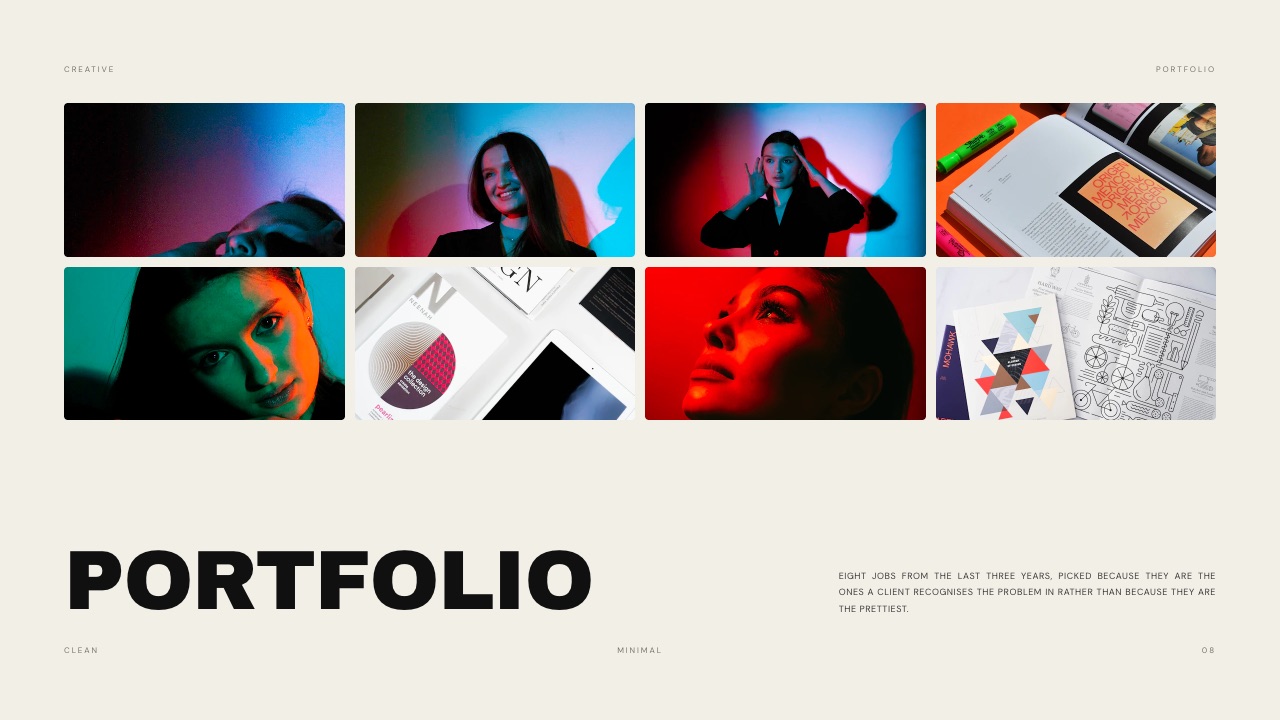 The Portfolio slide from Framekit's Product Designer Portfolio template, a grid of project thumbnails with short captions