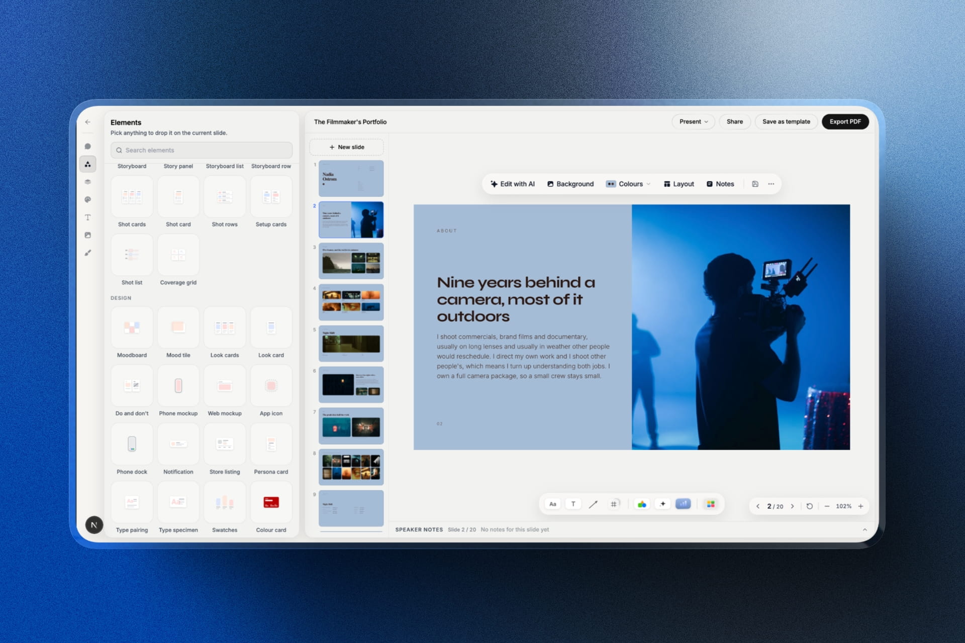 A filmmaker's portfolio pitch open in the Framekit pitch editor