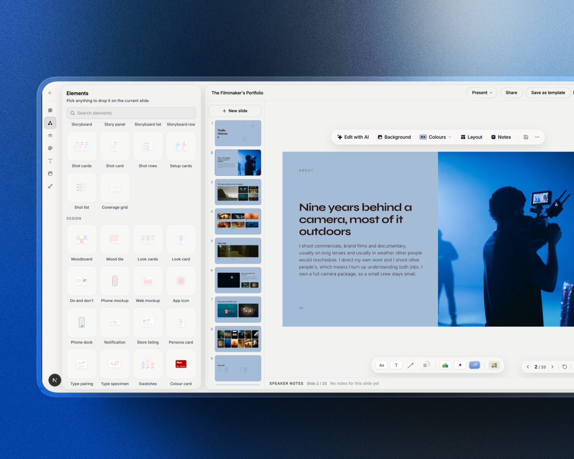 A filmmaker's portfolio pitch open in the Framekit pitch editor