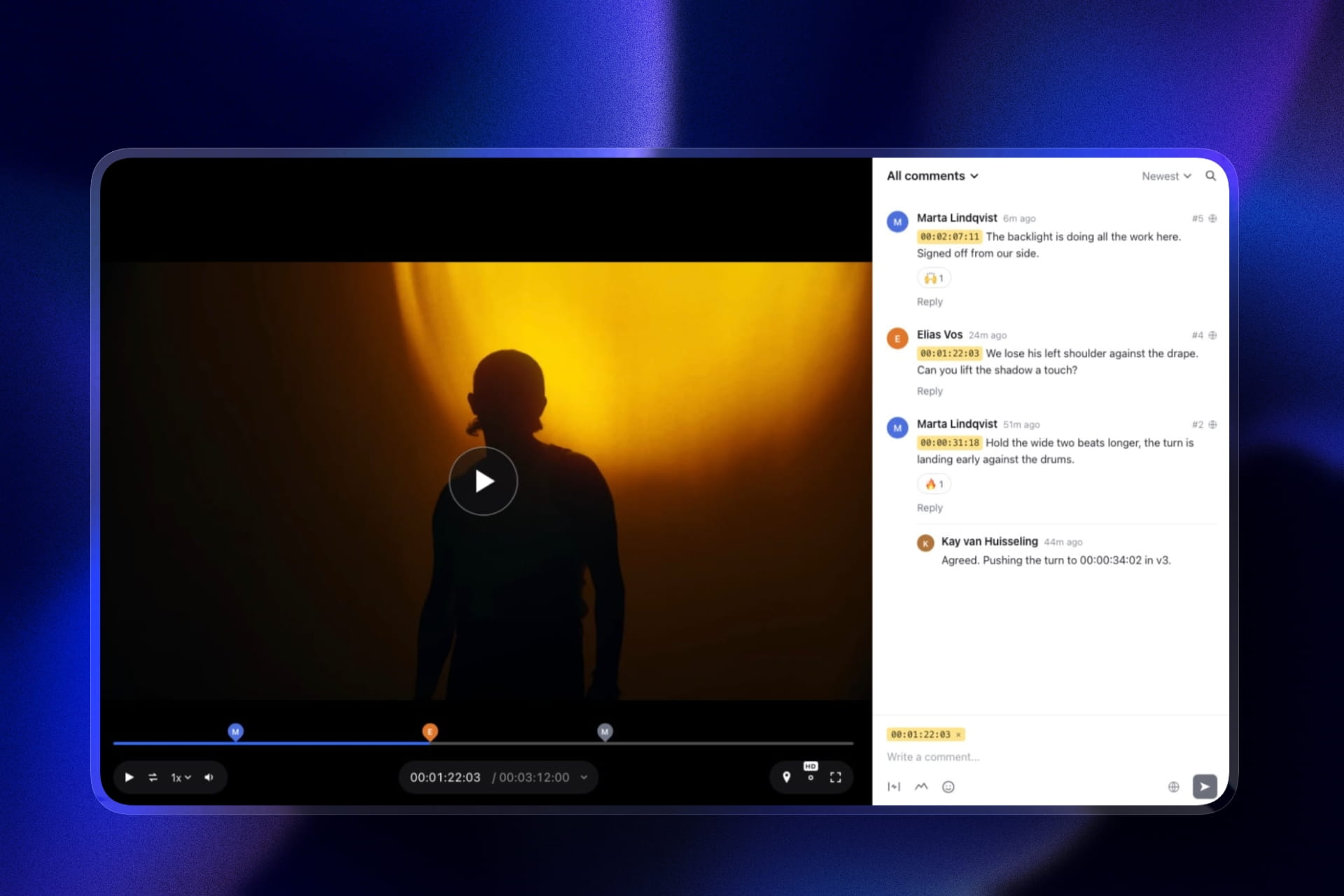 Client comments pinned to exact timecodes in a Framekit video review
