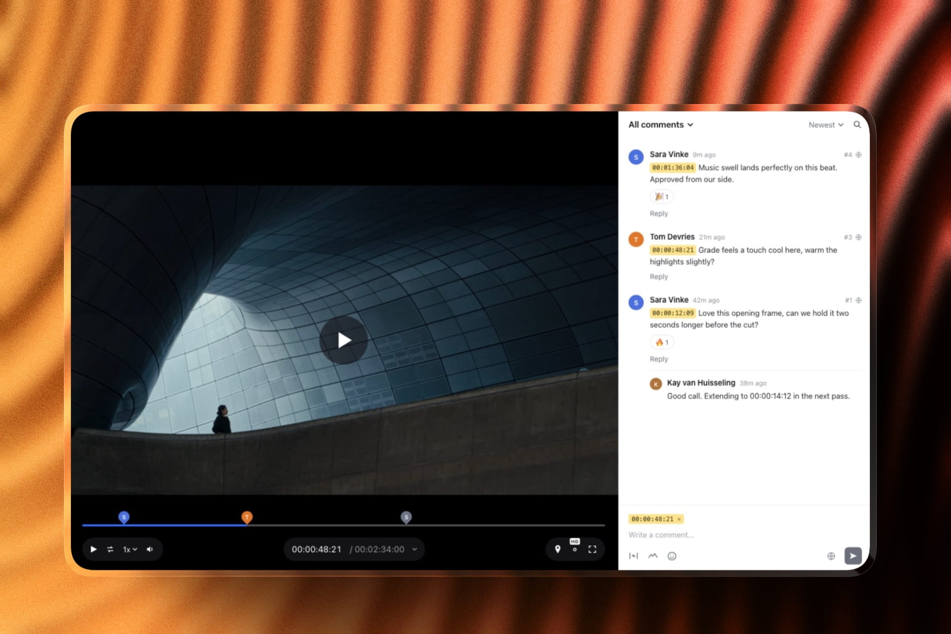 Client comments pinned to exact timecodes in a Framekit video review